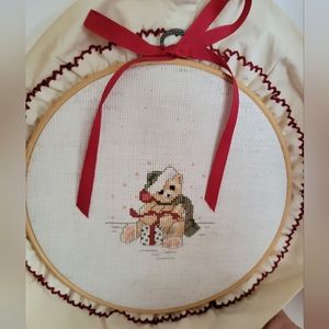 Primitive Christmas Cross Stitch Teddy Bear-present Embroidery Hoop Wall Hanging